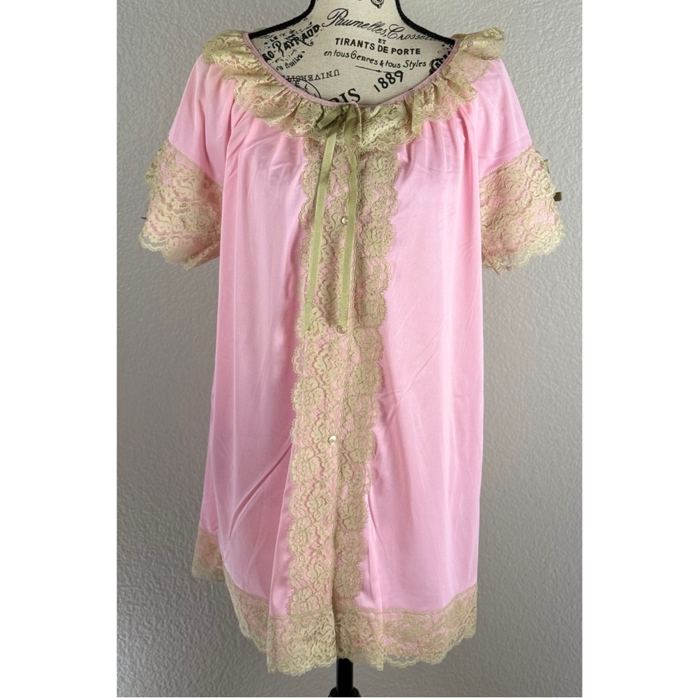 LeRoy Vntage 50s 60s Women's Nylon Pajama Top Pink Lace Trim, size Large